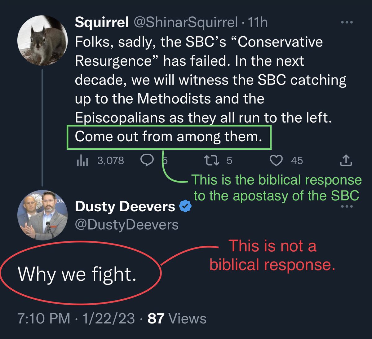 Matt_Estes_'s tweet photo. Scripture prescribes separation from darkness, not that we “fight” it.

#2Cor6
#LeaveItToTheGoats
#BaptistNotSouthernBaptist
#BeBiblical https://t.co/nEdZ8q8vAp