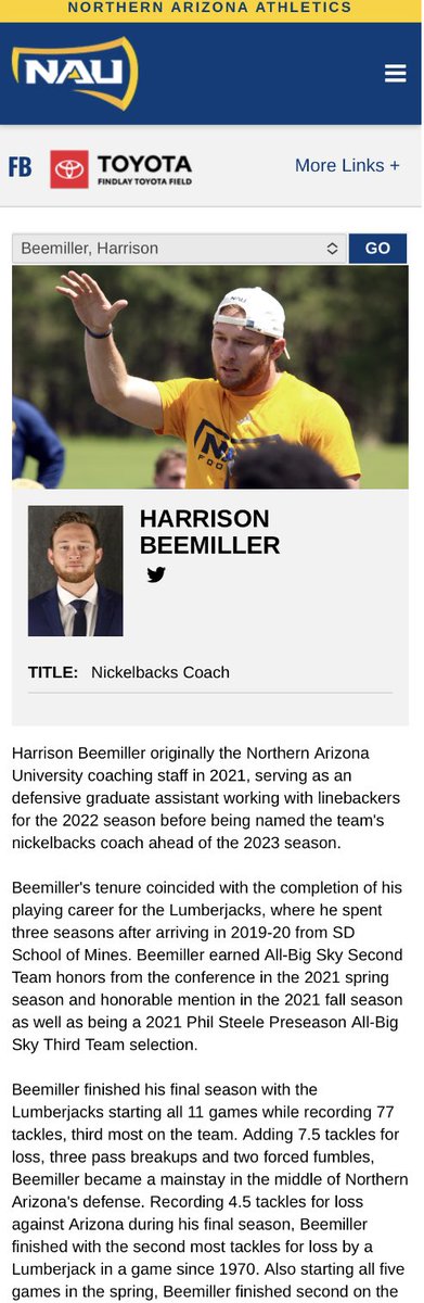 .<a href="/NAU_Football/">NAU Football</a> defensive graduate assistant Harrison Beemiller (<a href="/coachHbeemiller/">Harrison Beemiller</a>) has been promoted to Nickelbacks coach.

Beemiller, an NAU linebacker from 2019-2021, worked with linebackers during the 2022 season. 

He will now move to a full-time coaching role in 2023.