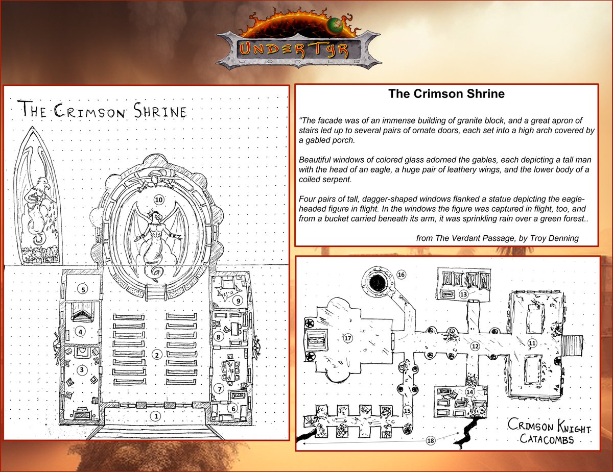 #dungeon23, #DnD, #Darksun #ttrpg challenge to describe a room a day for the whole year. I previously posted a location in Undertyr known as the Alley of the Muse.

Today we map out the large cathedral in the center of the Sorrows, The Crimson Shrine!

KEEP HOPE ALIVE!