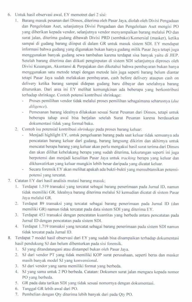 Keluarin lagi hasil Audit Forensik EY atas Dugaan Korupsi Bansos DKI 2020 yah :

1. Proses pemilihan Vendor Bansos TIDAK MELALUI proses pemilihan sebagaimana mestinya (due dilligence) : fix ini korupsi
2. Barang Bansos Banyak YG TIDAK MASUK ke gudang Pasar Jaya jadi suka2 vendor