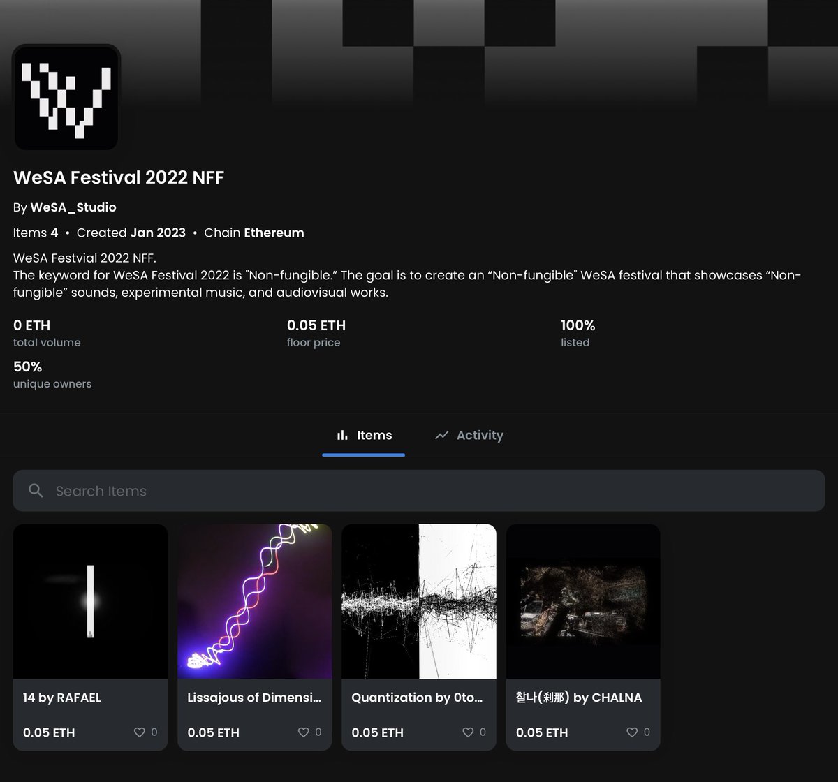 WeSAStudio's tweet image. WeSA.Studio의 네번째  NFT 콜렉션은 WeSA Festival 2022 NFF의 아티스트 작품들입니다. 1월 28일 플랫폼엘에서 개최되는 페스티벌에 참여하는 네 팀의 아티스트, 0to X IMMER, RAFAEL, YI SEUNGGYU X doravideo, CHALNA의 NFT 작품을 공개합니다.  
opensea.io/collection/wes…