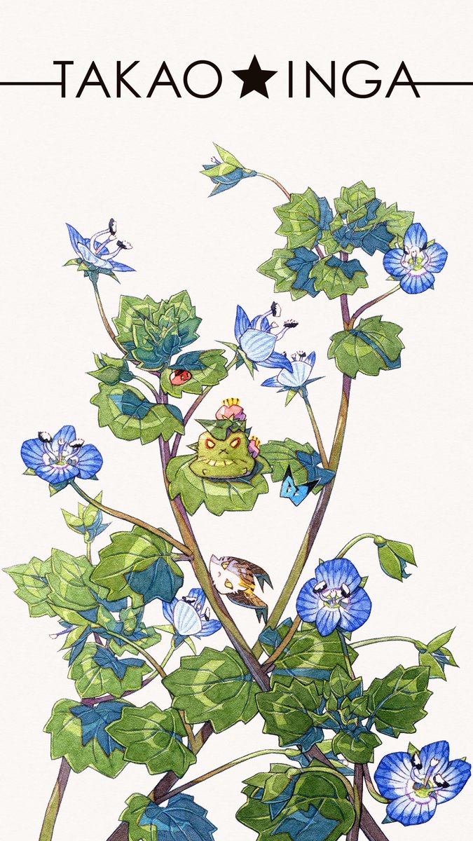 「『タネちゃんの視線』オオイヌノフグリの葉の上にちょこんと座るコケダマちゃん。その」|渡辺孝夫のイラスト