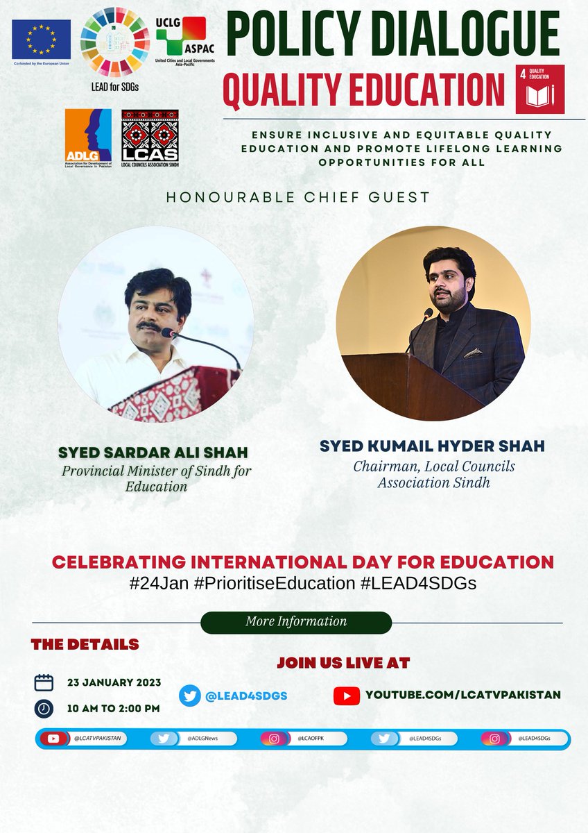LEAD4SDGs's tweet photo. ๐จ Its a our privilege to welcome our Hon. Chief guests.
@sardarshah1 and @SyedKumailHShah will grace the event today.
@MinisterEduGoS
Stay posted!
For Live Stream follow our Social Media platforms mentioned in the pictures.
#InternationalDayofEducation
#lead4sdgs https://t.co/oP7bzqP1F0