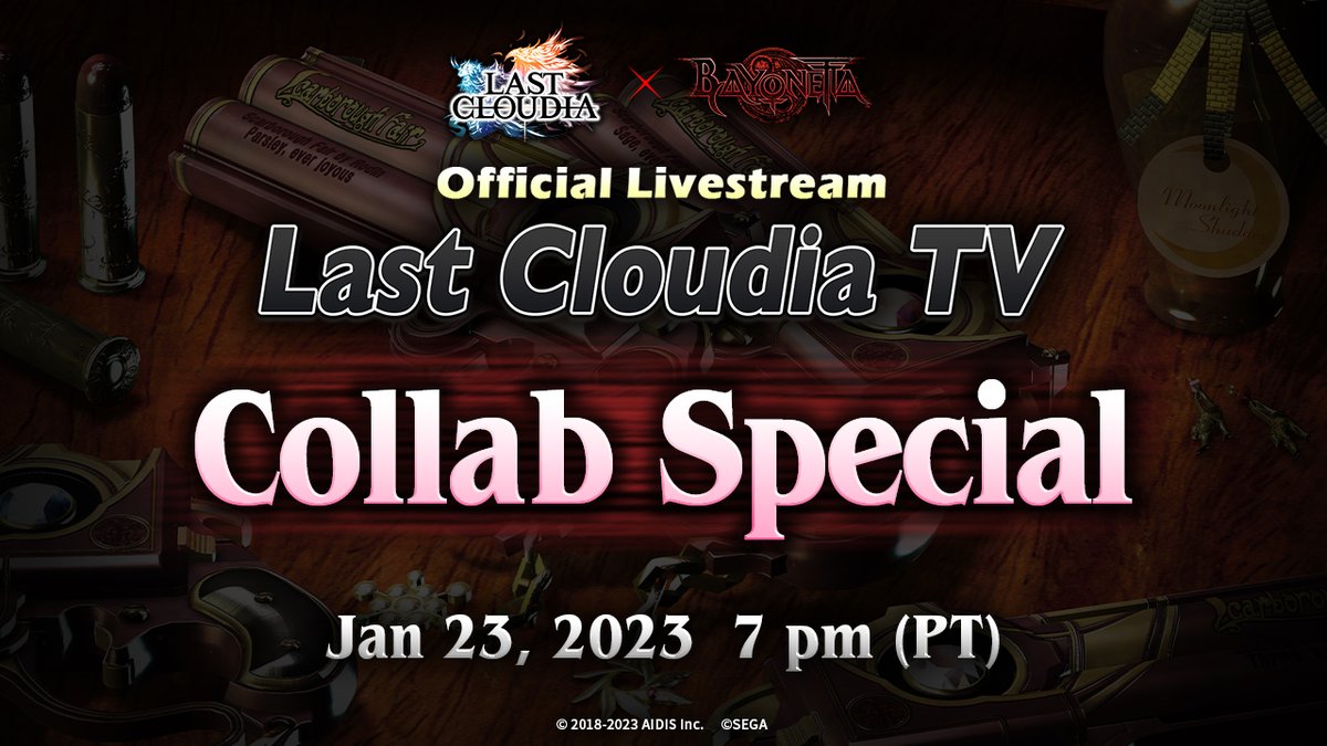 lastcloudiaen's tweet image. The #LastCloudia TV Collab Special streams live on Jan 23 at 7 pm (PT)/ 10 pm (ET)!📺👀

Watch to get the latest info on the upcoming #Bayonetta collab event. We'll also be sharing details on the new collab units and arks!

Set a reminder now! 🔥
➡️ youtu.be/0BKg4A_63QY