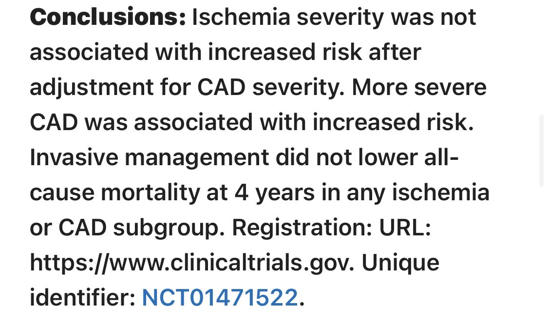 ovidiogarciav's tweet photo. @danielherguzman @DrCCaroli @clinicasac @DanielComtesse @dracarosalva @SACnuclear @hemodinamiasac @AlejandroLakow1 @FGProcopio @matiasrg @SAC_54 Let’s cut to the chase....here you go the conclusions from Ischemia trial: speaks by itself! (Invasive management did not lower all-cause mortality at 4-yr). Period! https://t.co/M4Ah6JmSuT