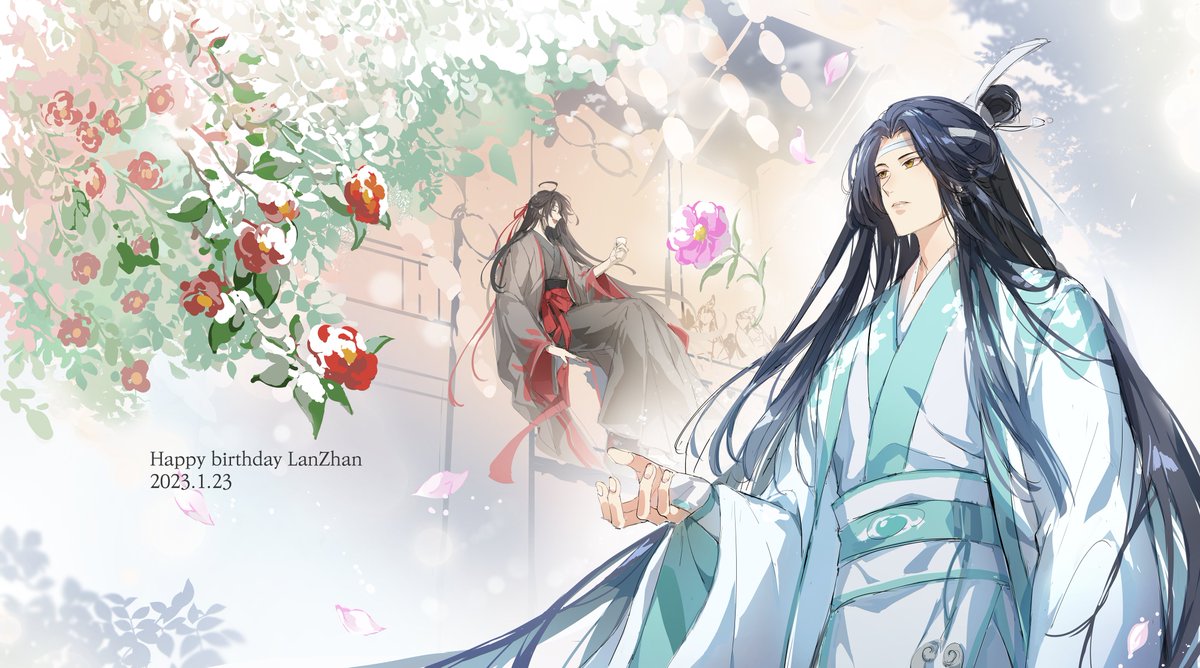 2boys black hair chinese clothes flower hanfu long hair male focus  illustration images