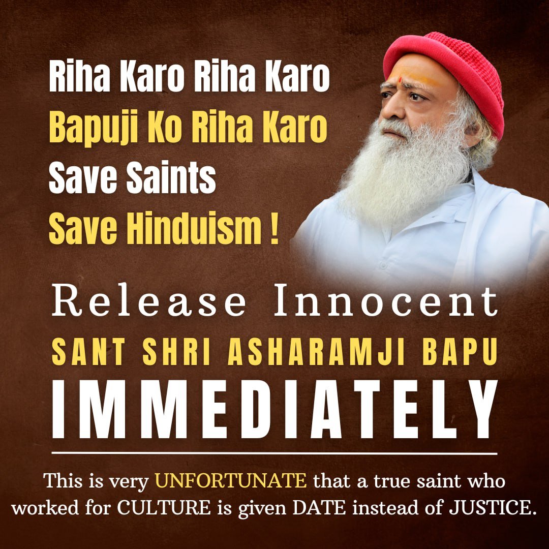 JantaKeeAwaaz's tweet photo. There are dozens of examples of proven culprits roaming free but in case of evidently innocent Sant Shri Asharamji Bapu, Justice Still Awaited. Public is vehemently raising a voice: #Bapuji Ko Riha Karo Riha Karo !
Isn't Ignoring the Bail plea, His #मौलिक_अधिकारों_की_अवहेलना ? https://t.co/5VBN2vobjz