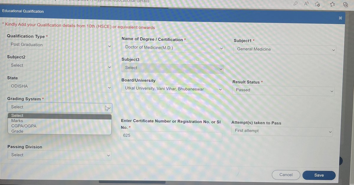 Endopatro's tweet photo. @satyajitips88 Sir, In my MD our university did not awarded any marks or grade, we have received only pass certificate. In the attached picture I can not select any of the options. Kindly help to fill this segment of educational detail. Regards https://t.co/byLK3ZYOAl