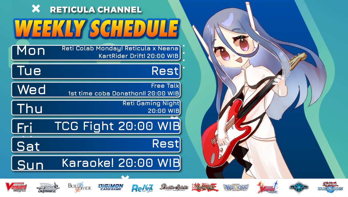 ReticulaV's tweet photo. Weekly schedule!!
We have collab tonight with @luizaneena !
Oshi Mark:🌐
Tags:
#reticula: General
#reticulive: Live &amp; Clip
#reticulart: FanArt
#retceh: Memes https://t.co/hdW6LfqCIA