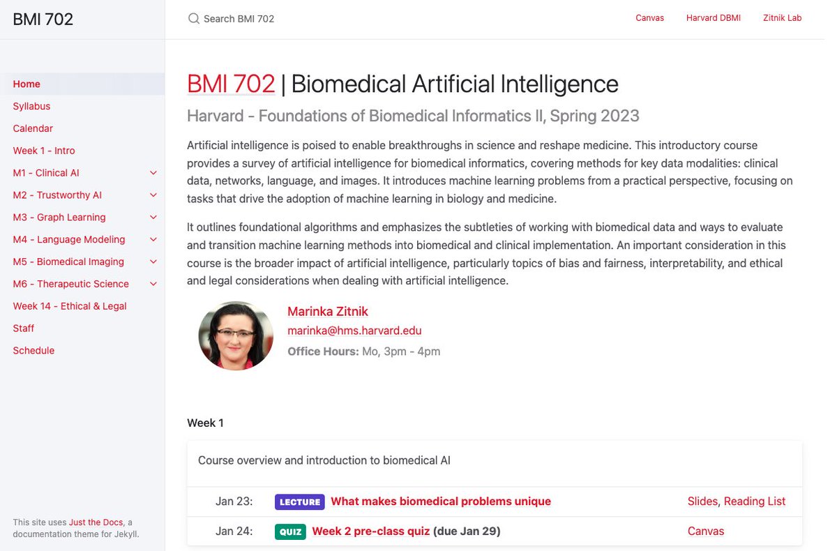 Marinka Zitnik (@marinkazitnik) on Twitter photo Excited to teach a course on #biomedical #AI this semester <a href="/Harvard/">Harvard University</a> <a href="/harvardmed/">Harvard Medical School</a>
Follow our course materials, reading lists and paper highlights which we will release throughout the semester
zitniklab.hms.harvard.edu/BMI702
Thankful for star TA team <a href="/YEktefaie/">Yasha Ektefaie</a> <a href="/richardjchen/">Richard J. Chen</a> Y Huang Excited to teach a course on #biomedical #AI this semester <a href="/Harvard/">Harvard University</a> <a href="/harvardmed/">Harvard Medical School</a>
Follow our course materials, reading lists and paper highlights which we will release throughout the semester
zitniklab.hms.harvard.edu/BMI702
Thankful for star TA team <a href="/YEktefaie/">Yasha Ektefaie</a> <a href="/richardjchen/">Richard J. Chen</a> Y Huang