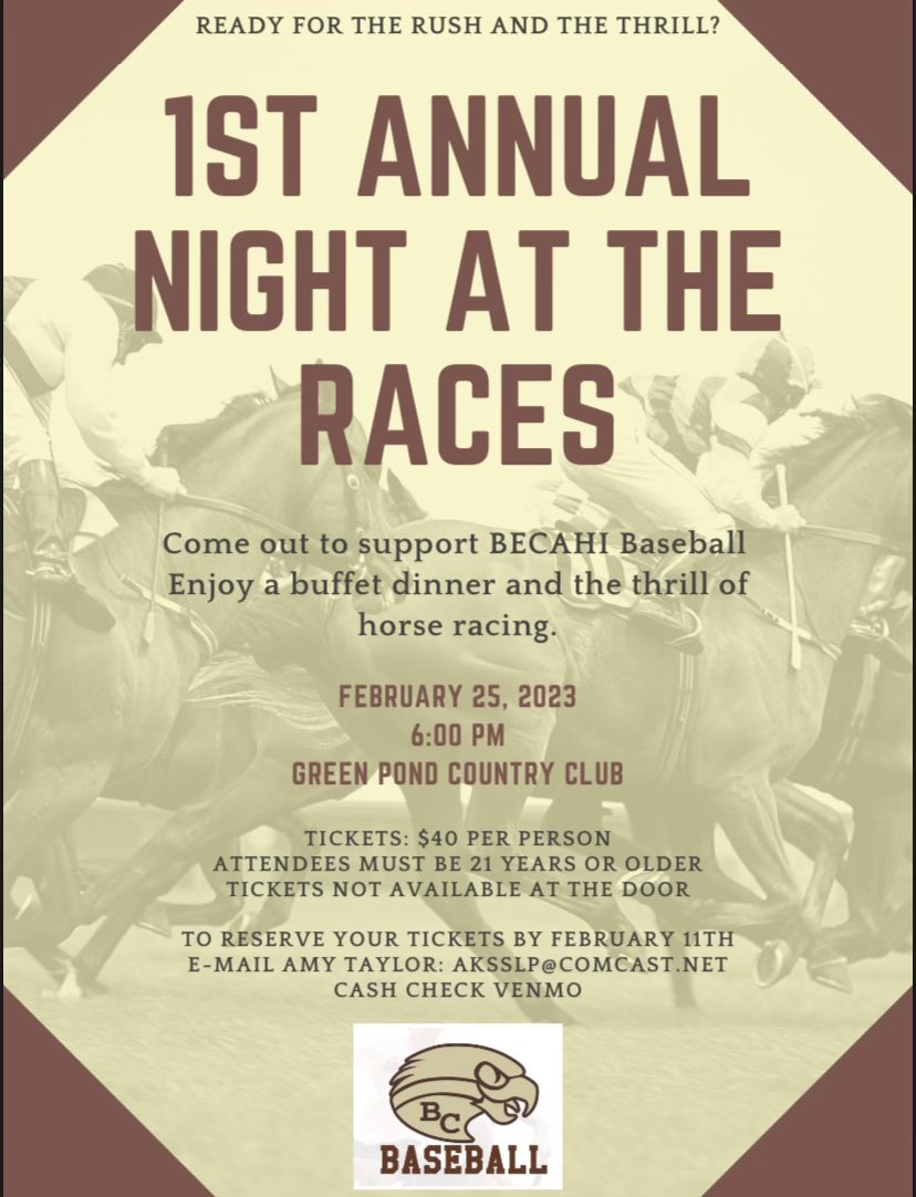 BCDiamondHawks's tweet image. Come out and support our baseball team at the Night at the Races! Make sure to reserve your seats before February 11th!