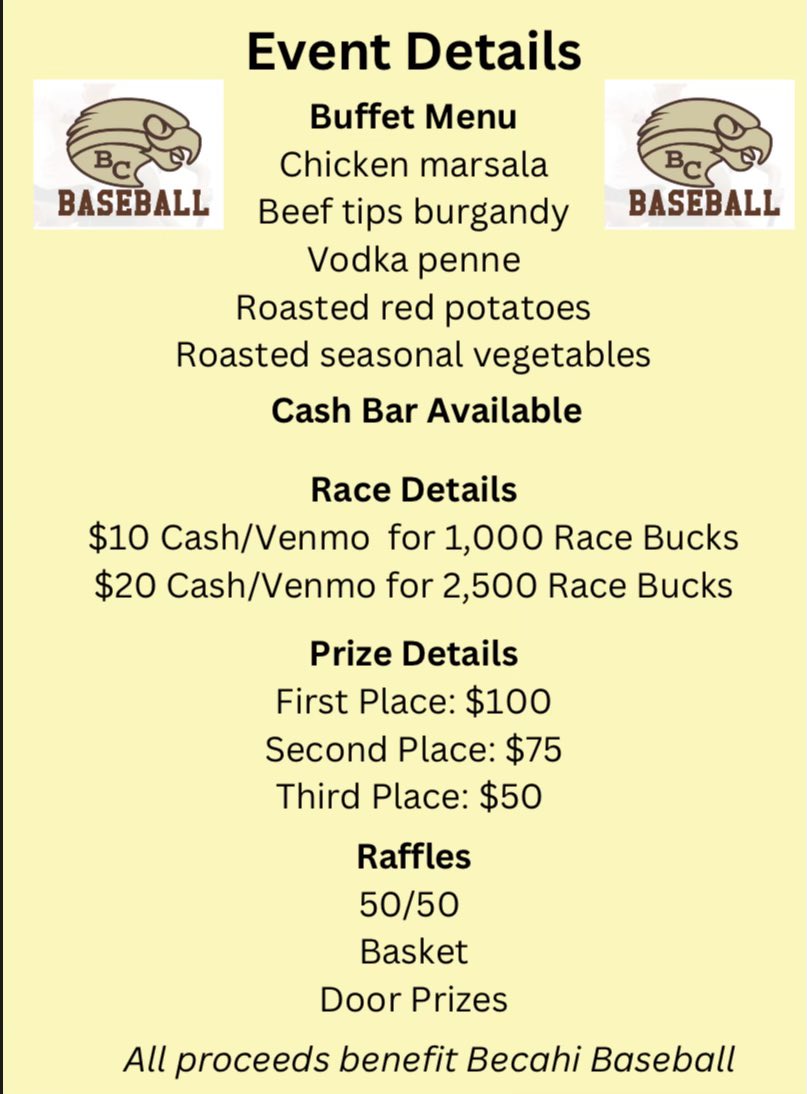 BCDiamondHawks's tweet image. Come out and support our baseball team at the Night at the Races! Make sure to reserve your seats before February 11th!
