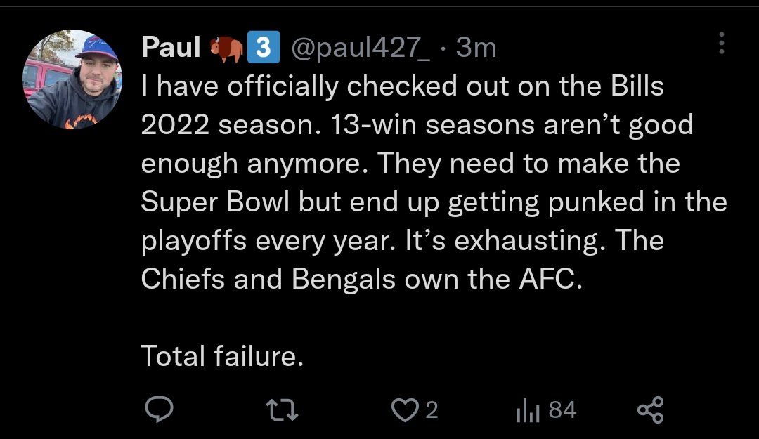 GregEdington's tweet photo. #billsmafia    Twitter having a totally normal one today. 

Allen is crazy talented and you all have a great future. Not everyone can go to the AFC Championship their first 5 years as a starter. (Just @PatrickMahomes with #ChiefsKingdom    ) https://t.co/reOf9bruz9