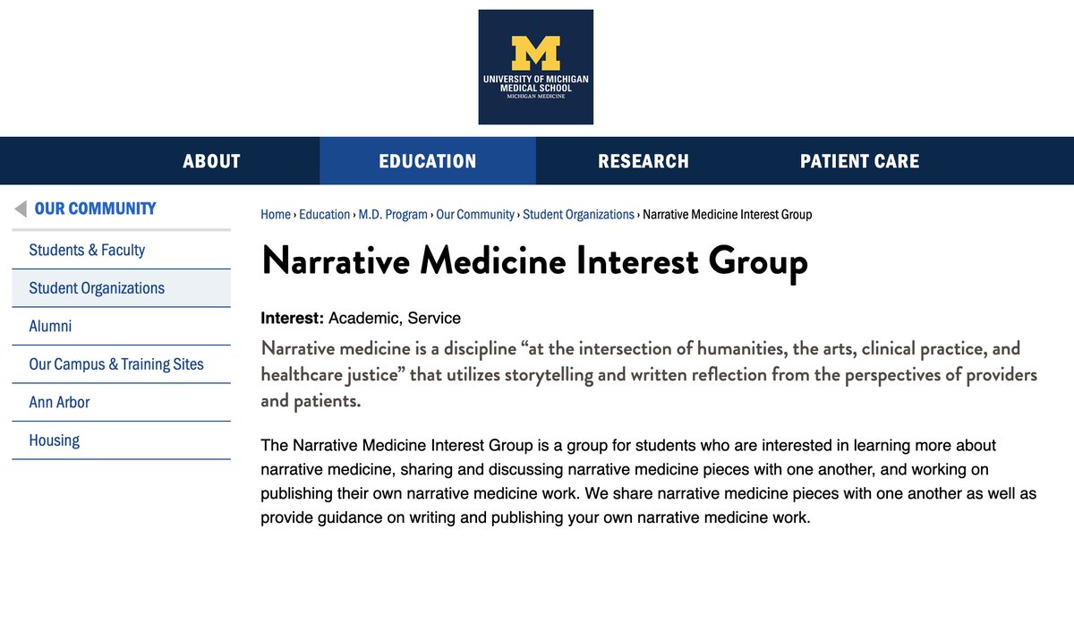 Very excited to see our new student organization, the Narrative Medicine Interest Group, officially on the @UMichMedAdmiss website! @kirin_saint @ElenaLorenzana4 #NarrativeMedicine