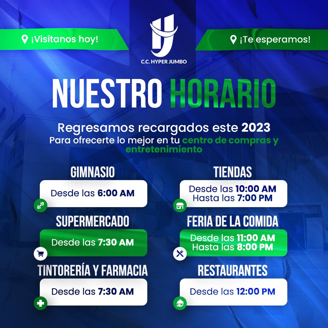 hyperjumbomalI's tweet photo. Iniciamos un nuevo año recargados para ofrecerte lo mejor. 💙
Revisa nuestros horarios y visítanos.
#hyperjumbo #maracay #Enero2023 https://t.co/KCl9E6rLhy