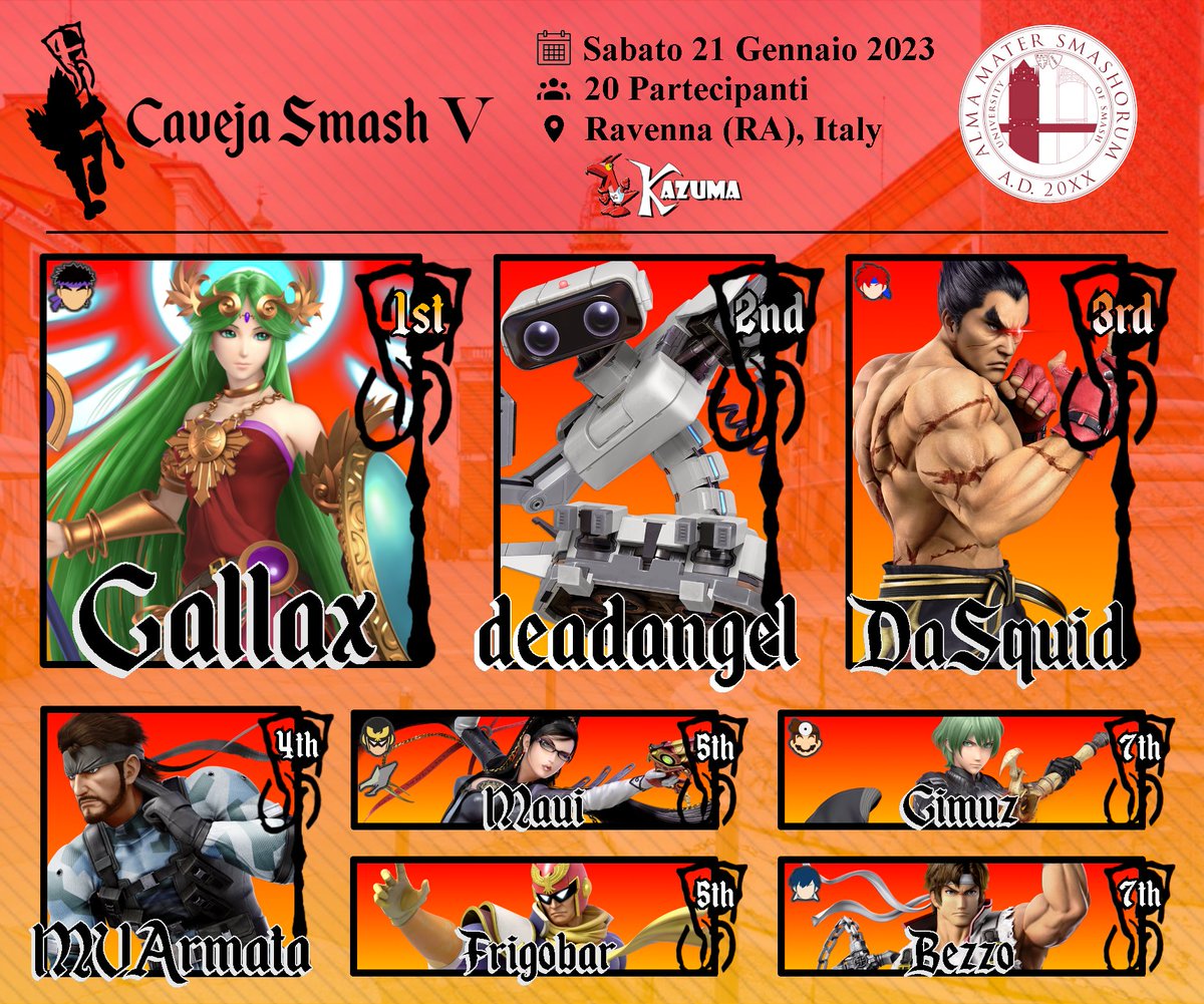 TOP 8 - CAVEJA SMASH V
Congratulazioni a <a href="/GallaxSmashBros/">Gallax</a>  per aver vinto la quinta edizione del Caveja Smash! 💪⚛️
Ringrazio tutti per aver partecipato e spero di rivedervi presto a Ravenna! ❤

BRACKET: start.gg/admin/tourname…
VOD: twitch.tv/almamatersmash…