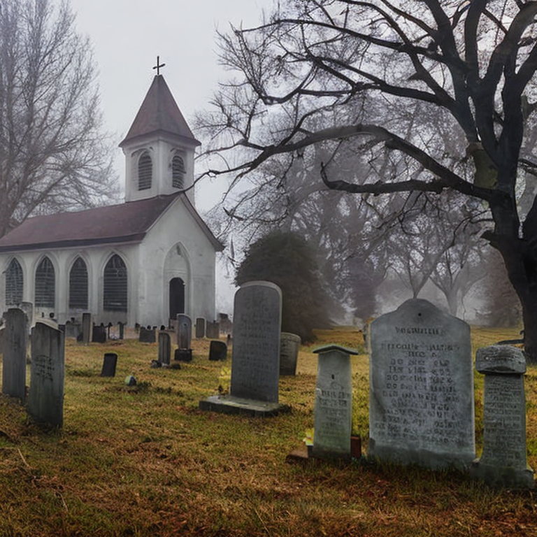 CREAIT_OFFICIAL's tweet image. An abandoned and decrepit church, surrounded by a graveyard with old gravestones, foggy morning in a small town, #abandoned #decrepit #church #graveyard #gravestones #foggy #morning #small_town #aiart #aigeneratedart