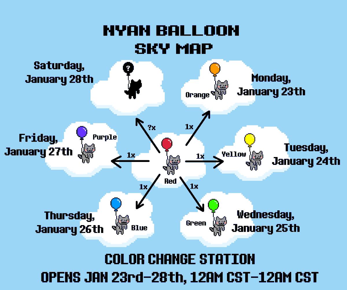 The Nyan Balloon Color Change Station will be opening for a limited time, January 23-January 28th.  You'll have a chance to exchange your Nyan Balloon for a different color every day🎈

🧵/