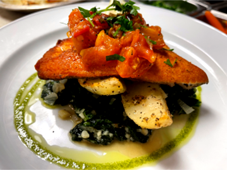 Arctic Char (GF) - Pan-Seared Arctic Char with Tomato-Onion Confit, Sautéed Kale and Roasted Potatoes #dineoutvancouver 2023 - Go Online to View the Menu - pooritalian.com - 604-251-1122