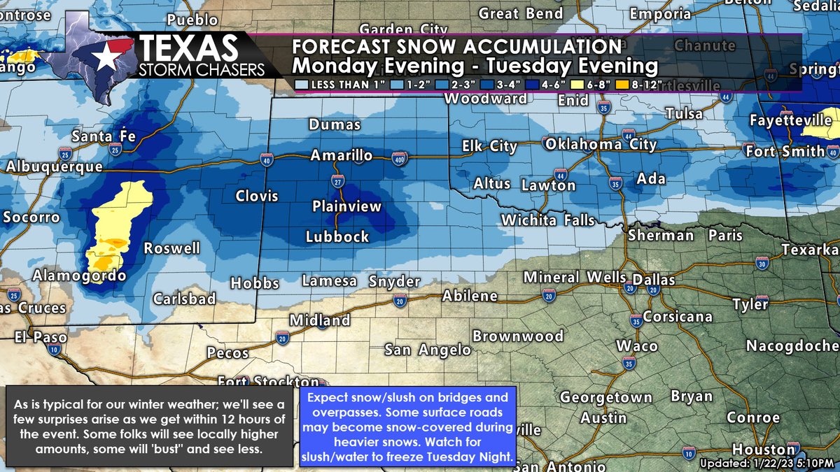 TxStormChasers's tweet image. Latest thinking on wet snow totals Monday evening into Tuesday evening. Likely will see a few heavier bands set up, which would promote higher totals. Amarillo down to Lubbock, east off the Caprock into Northwest Texas the 'snow target zone'. #txwx