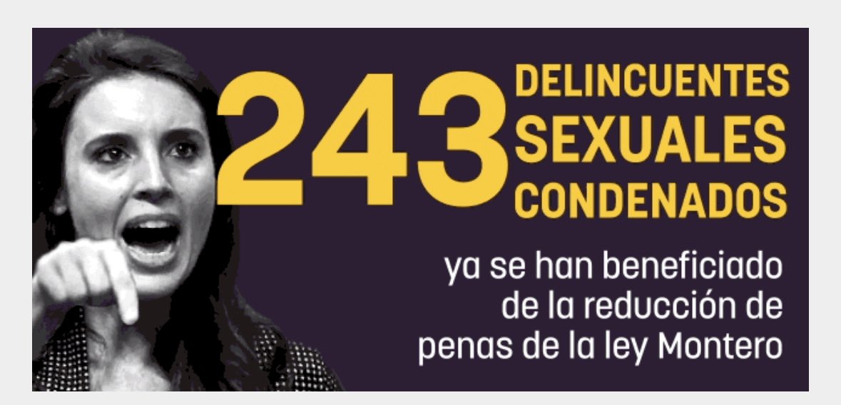 SaraHispania's tweet photo. Las cifras de la ley del sólo sí es sí de Irene Montero.
En este momento, lamentablemente, ya deben ser más altas.
Dimisión ya. https://t.co/MwwdLFanIh