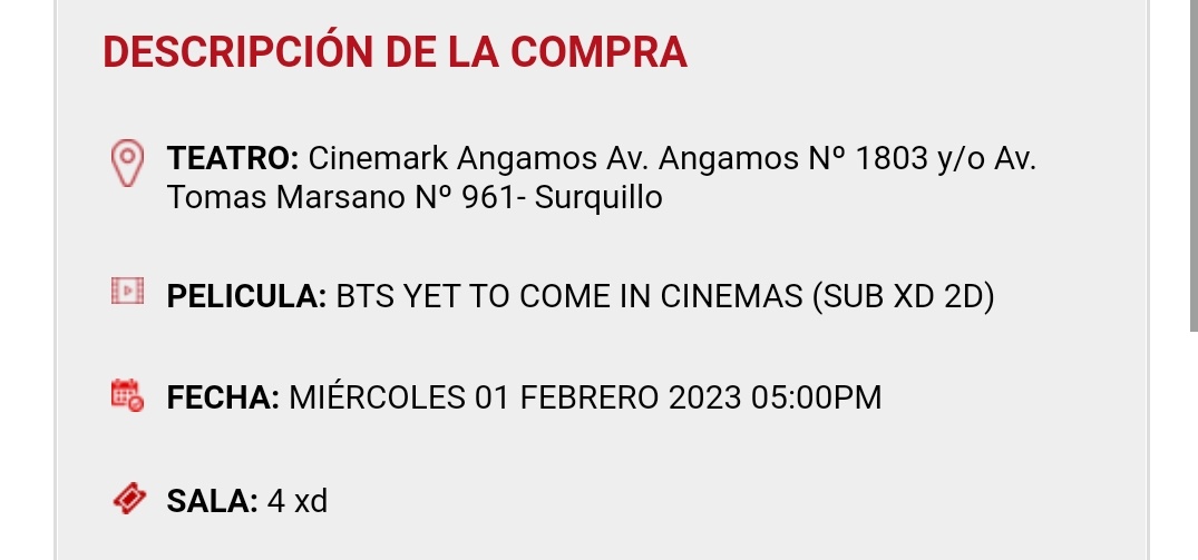 stefmesc's tweet photo. Hola! Tengo dos entradas XD para el primer día del concierto de BTS en Cinemark Angamos (1 de feb.) Son buenos asientos y es para el horario de 5pm. No podremos asistir ese día por trabajo, así que tenemos que venderlas. Gracias!

#bts #YetToComeInCinemas https://t.co/QhqNbcWqA1