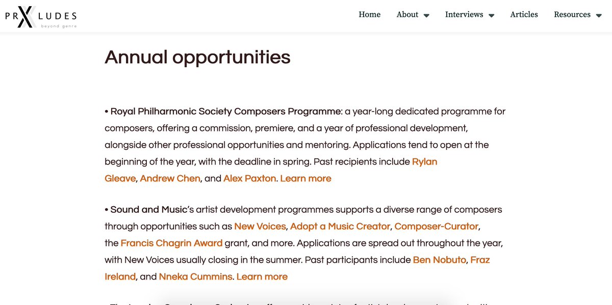 In keeping with our commitment to emerging composers, we've also set up a page keeping track of the many organisations who provide amazing opportunities for composers and music creators (thanks for the inspo @soundandmusic!) prxludes.net/opportunities