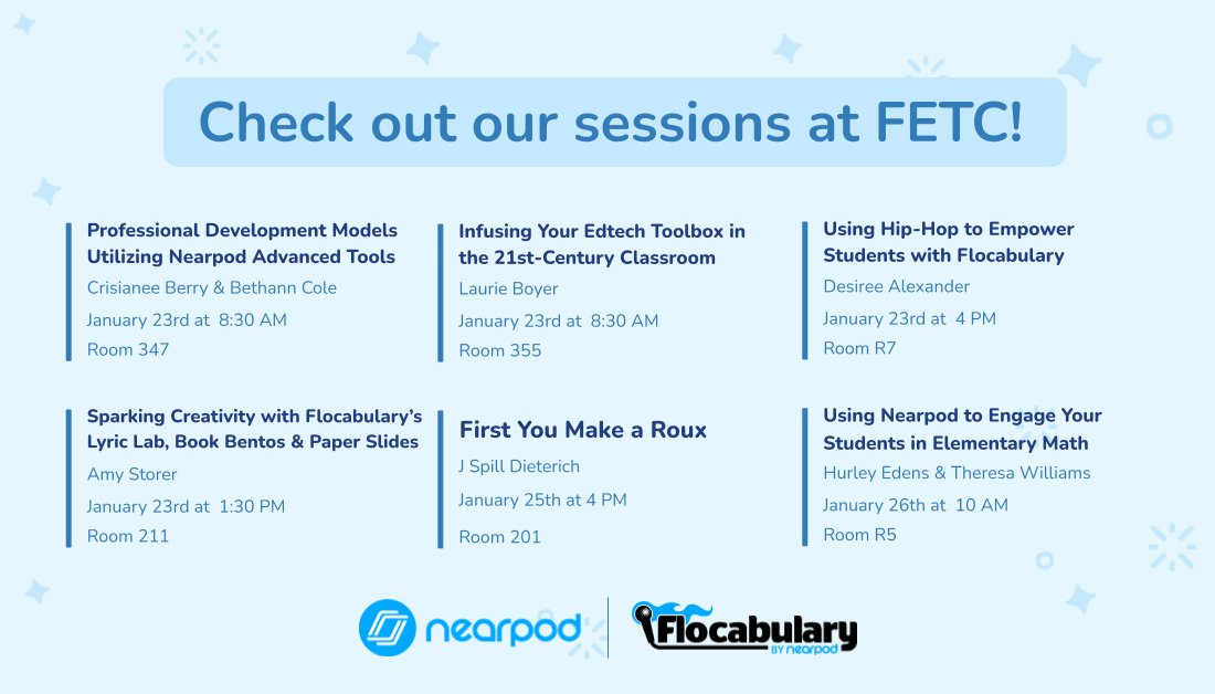 Attending FETC this week? 🎉 Nearpod &amp; Flocabulary are gearing up for amazing sessions all week long. 👩‍💻👨‍💻

From PD to Flocab's Lyric Lab, we've got your student engagement covered! 👏

Check out our sessions below👇