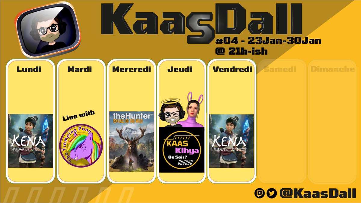 KaasDall's tweet photo. Voici le programme de la semaine sur https://t.co/8tNTjGzxEE

Profitez-en pour découvrir le début d'une série : #KenaBridgeofSpirits et toujours #APlagueTaleRequiem  avec @TheTrampingPony , ainsi que Kaas-Kihya ce soir (Actuellement sur #minecraftdungeons) !
#twitchfr https://t.co/X7aTuISS3g