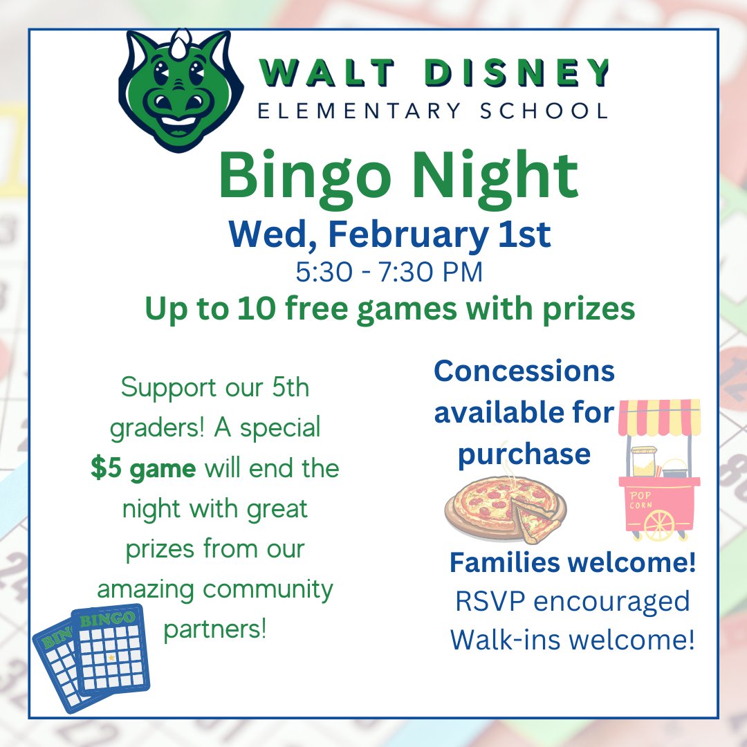 WDES Bingo Night is Wednesday, Feb. 1 from 5:30-7:30 PM. There will be up to 10 free game with prizes and pizza/concessions for purchase. Proceeds will support our 5th grade class trip. Families are welcome! Please check your email for the link to
RSVP. #GCpride #GCcares