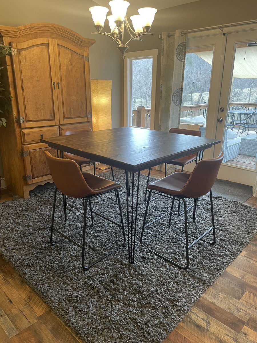 We needed a new dining table so I decided to try my hand at making one. I glued 2x8’s and planed them to take away the warping and sanded it. A little walnut stain and 4 coats of poly. The legs are from Amazon and the chairs also. #abethehandyman #diytable #diy #diningtable