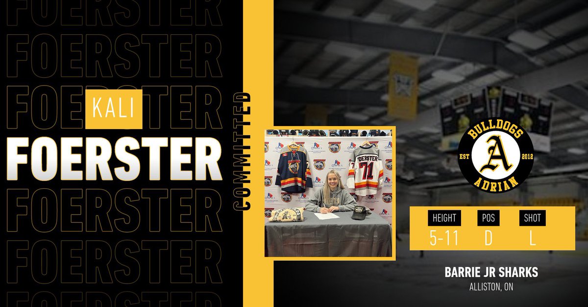 🚨COMMITMENT ALERT🚨 - We are excited to announce the commitment of Kali Foerster for the 2023-24 season! Kali is a defenseman for the @BarrieJrSharks of Barrie, Ontario. Welcome to the Bulldog Family, Kali! #GDTBAB