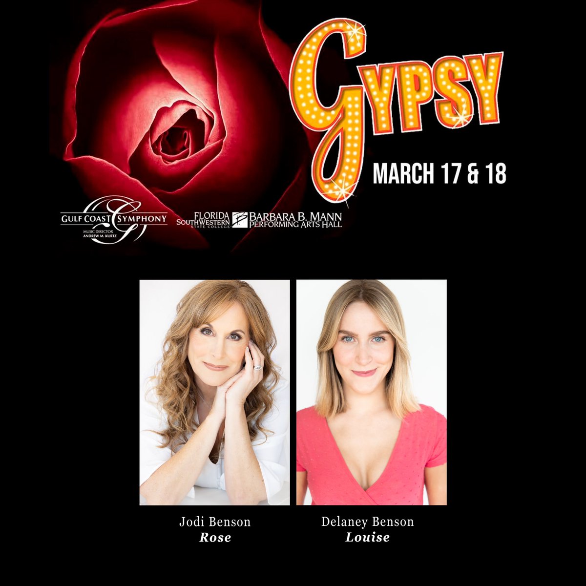 SURPRISE!!!
Exciting announcement! 
Hey friends, I’m so thrilled to share the stage once again with our talented daughter, Delaney Benson🌟in the classic Broadway musical “Gypsy” as the incredible mother daughter team of Rose &amp; Louise. Join us March 17 &amp; 18 in Ft. Myers!