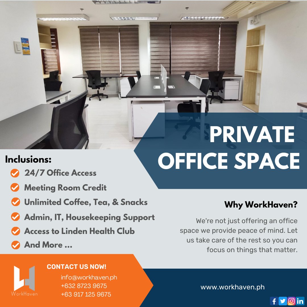workhavenph's tweet photo. Office space plays a vital role in collaboration, innovation, productivity, and the well-being of employees. Kickstart your 2023 with us, book an ocular visit today!
#workhavenph #safespace #coworkingspace #meetingroom #meeting #officespace #advantageplan #sharedoffice #Ortigas https://t.co/1tu2sUSu6Q