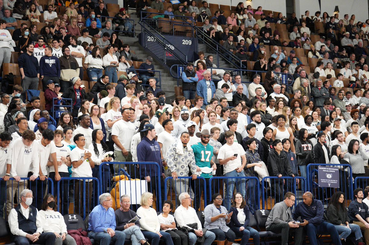 YaleMBasketball's tweet photo. Huge shoutout to all the students, faculty, &amp; fans who came to cheer us on last night. We see you, we hear you, &amp; we THANK YOU! 👏 

📸: @dschamis 

#ThisIsYale | #GoForBroke https://t.co/UlbzLIA4KY
