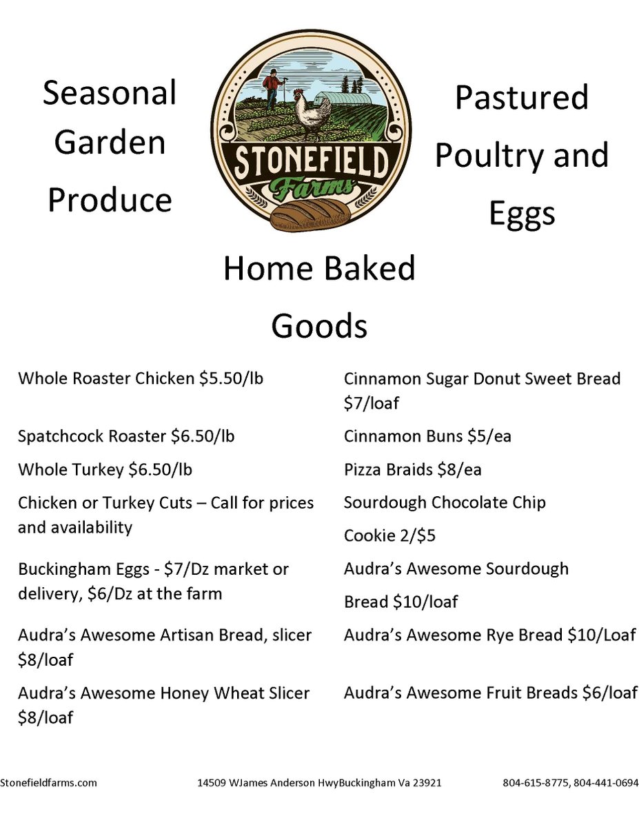 StoneFieldVa's tweet photo. Items available this week. At the farm all week or at Lynchburg Community Market, 9-2 on Saturday.  Thanks.🇺🇸 #stonefieldfarms #audrasawesomeartisanbread #lynchburgcommunitymarketplace #shoplocal #cinnamonsugardonutsweetbread https://t.co/ZkPDBVg53I