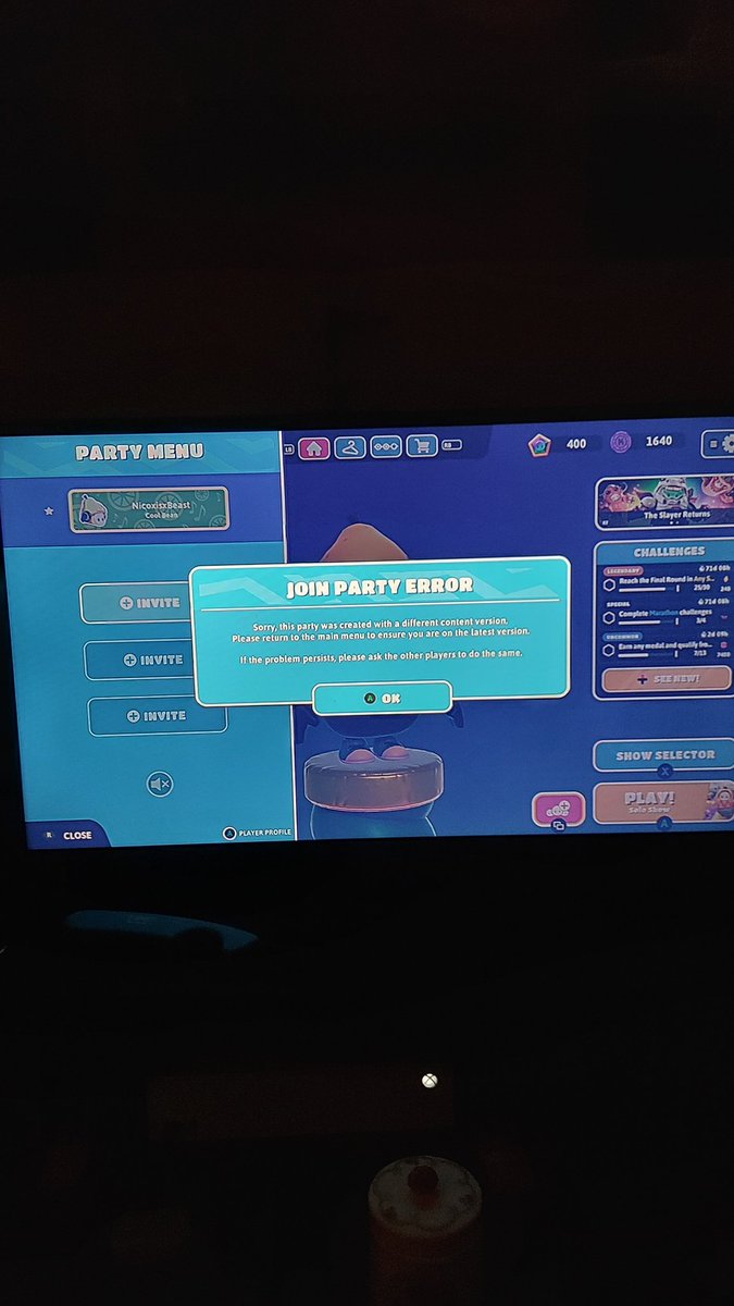 OMG_itsTheBeast's tweet photo. @FallGuysOwl can't play. Problem with game. Please fix. Can't party up. https://t.co/3ZLEpfPMFR