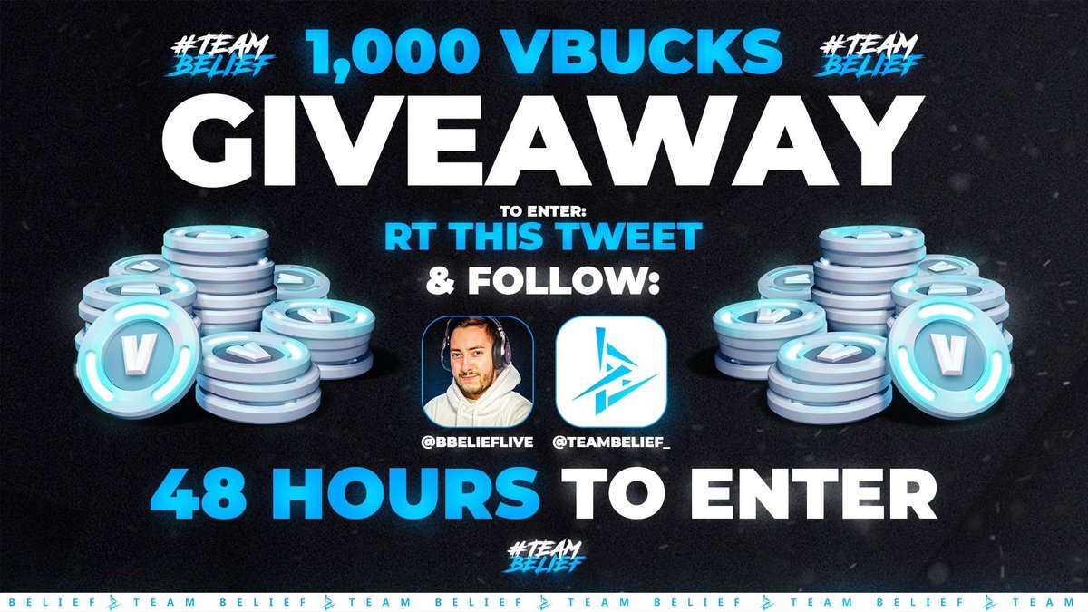 Team Belief (@teambelief_) on Twitter photo 1,000 VBUCKS GIVEAWAY! 🥳
To Win:
❤️👇Follow
<a href="/TeamBelief_/">Team Belief</a>
&
<a href="/BBeliefLive/">Beyond Belief</a>
♻️RT
Started yesterday, and ends in JUST 18 hours.
Be sure to follow and retweet now for YOUR🫵 chance to win some VBUCKS! 1,000 VBUCKS GIVEAWAY! 🥳
To Win:
❤️👇Follow
<a href="/TeamBelief_/">Team Belief</a>
&
<a href="/BBeliefLive/">Beyond Belief</a>
♻️RT
Started yesterday, and ends in JUST 18 hours.
Be sure to follow and retweet now for YOUR🫵 chance to win some VBUCKS!