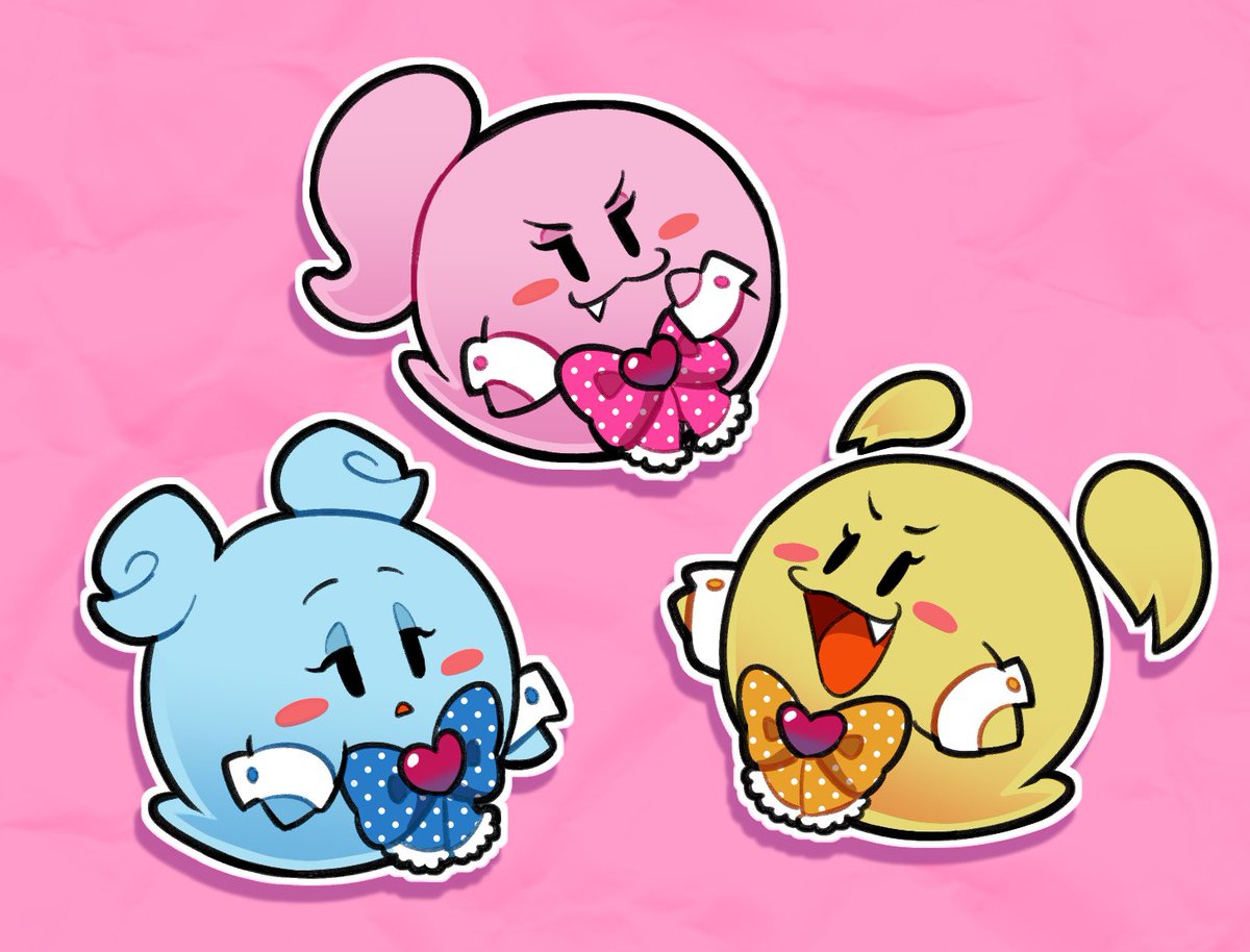 my friends and i made paper mario ocs 🥹 they're a trio of boo idols called Frill Thrills!!!!!