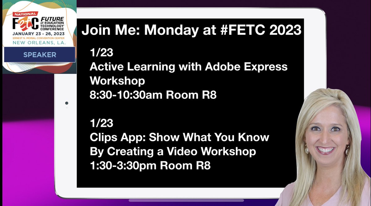 KristenBrooks77's tweet photo. ๐Join me tomorrow for some creation fun for everyone with an @AdobeExpress workshop and @AppleEDU #ClipsApp workshop at @FETC #FETC See in room R8 https://t.co/ZtrGTGgs1f