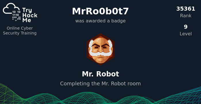 DarkarmyMRRobo1's tweet image. I&apos;ve earned the Mr. Robot Badge on TryHackMe for Completing the Mr. Robot room tryhackme.com/MrRo0b0t7/badg… #tryhackme via @realtryhackme
