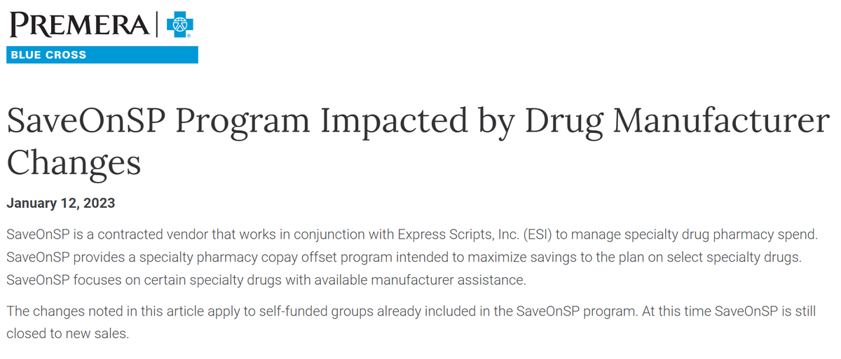 DrugChannels's tweet photo. Here we go: @premera Blue Cross warns that #SaveOnSP &amp; @ExpressScripts will have less cash to grab due to manufacturer policy changes

Expect plans &amp; #PBMs to tighten #specialty #drug controls

P.S. As predicted during Drug Channels Outlook 2023 webinar😉

https://t.co/JUPWOmbrJe https://t.co/Wzv9fKTR75