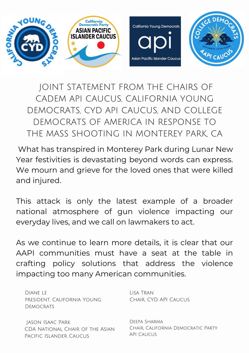 CDPAPICaucus's tweet image. The California AAPI Democratic community is mourning the events in Monterey Park, CA.