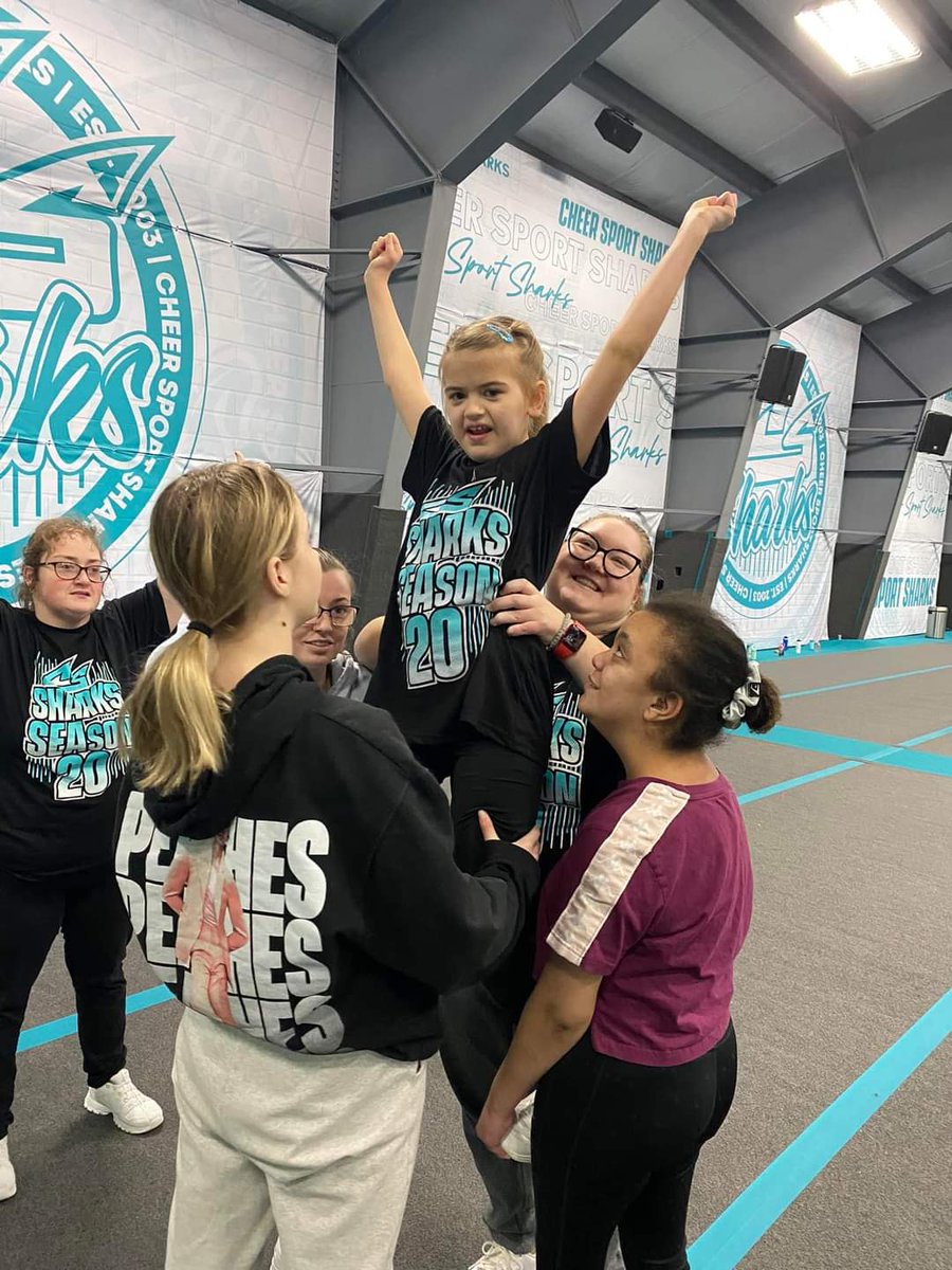 Super proud of my Airilyn! She finally felt comfortable enough to be 'lifted' today with her cheer ABILITIES team. Small steps lead to great growth! #cheersharks #neverunderestimate #strength #acceptance