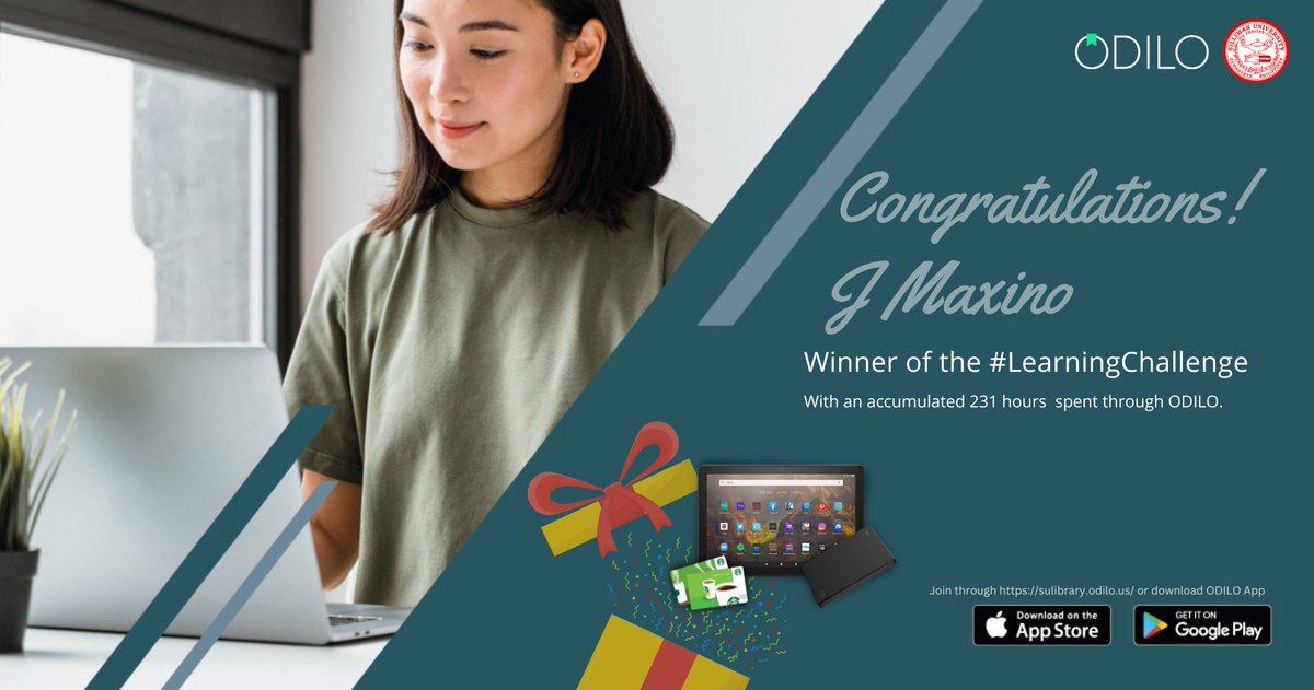 𝐎𝐃𝐈𝐋𝐎 𝐋𝐄𝐀𝐑𝐍𝐈𝐍𝐆 𝐂𝐇𝐀𝐋𝐋𝐄𝐍𝐆𝐄 𝐖𝐈𝐍𝐍𝐄𝐑!

Congratulations to the winner of the ODILO Learning Challenge, 𝐀𝐬𝐬𝐭. 𝐏𝐫𝐨𝐟. 𝐉 𝐌𝐚𝐫𝐢𝐞 𝐌𝐚𝐱𝐢𝐧𝐨.

Congratulations!

#SULibrary #ODILO #LearningChallenge