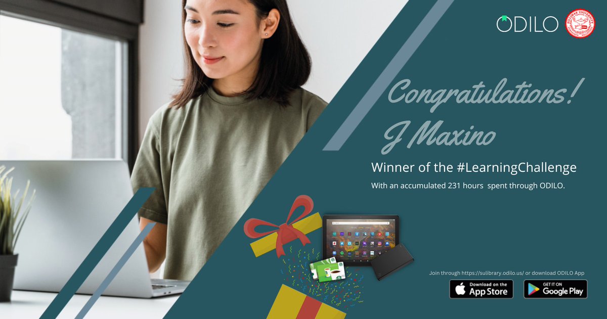 realsulibrary's tweet image. 𝐎𝐃𝐈𝐋𝐎 𝐋𝐄𝐀𝐑𝐍𝐈𝐍𝐆 𝐂𝐇𝐀𝐋𝐋𝐄𝐍𝐆𝐄 𝐖𝐈𝐍𝐍𝐄𝐑!

Congratulations to the winner of the ODILO Learning Challenge, 𝐀𝐬𝐬𝐭. 𝐏𝐫𝐨𝐟. 𝐉 𝐌𝐚𝐫𝐢𝐞 𝐌𝐚𝐱𝐢𝐧𝐨.

Congratulations!

#SULibrary #ODILO #LearningChallenge