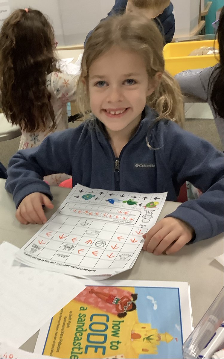 STEMatCCS's tweet photo. #CODING in Kindergarten! Students follow "Pearl and her robot Pascal" as they write specific instructions to build a sandcastle. Ks write a set of instructions to move Pearl across the beach using arrows. CS language re-enforced through play. #100daysofcode @joshfunkbooks #STEM https://t.co/AGDt3eUvwl