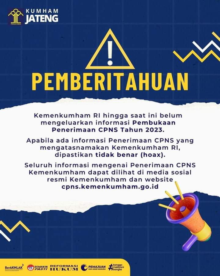 bhpsemarang's tweet image. STOP HOAX

Kemenkumham RI hingga saat ini belum mengeluarkan informasi Pembukaan Penerimaan CPNS Tahun 2023

Apabila ada informasi Penerimaan CPNS mengatasnamakan Kemenkumham RI dipastikan tidak benar(hoax)
#KumhamSemakinPasti #lowongankerja #lamarankerja #cpnskumham #socialmedia