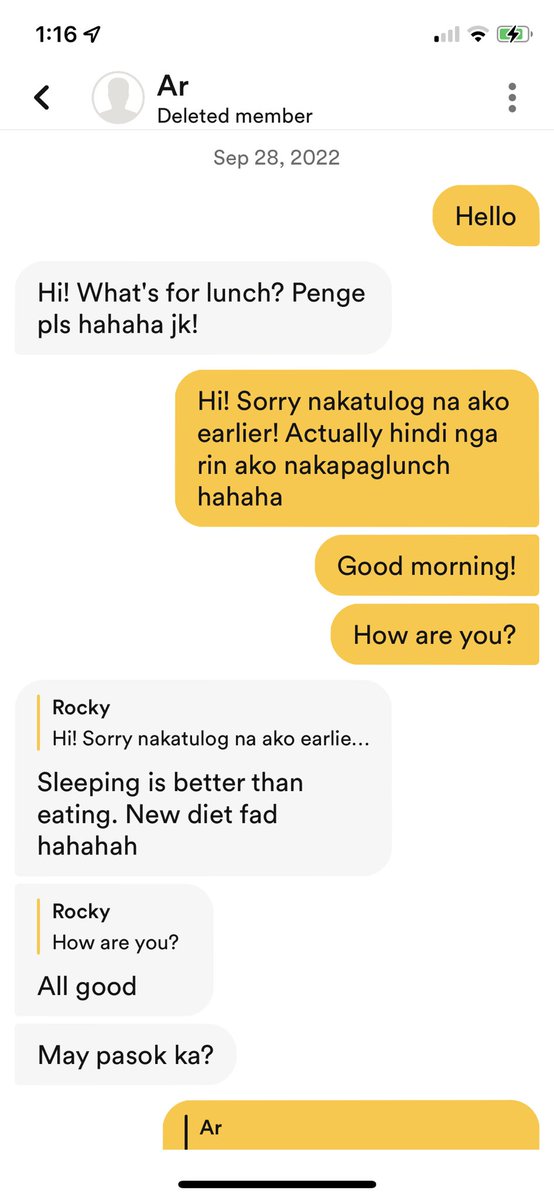 Rocket1294's tweet photo. How it started vs How it’s going..

From asking me food for lunch, to eating our hearts out everytime we see each other. I love this goofball and I’m so happy that I swiped right. Ganda ka? Hahahahaha https://t.co/UZvK6sowF2