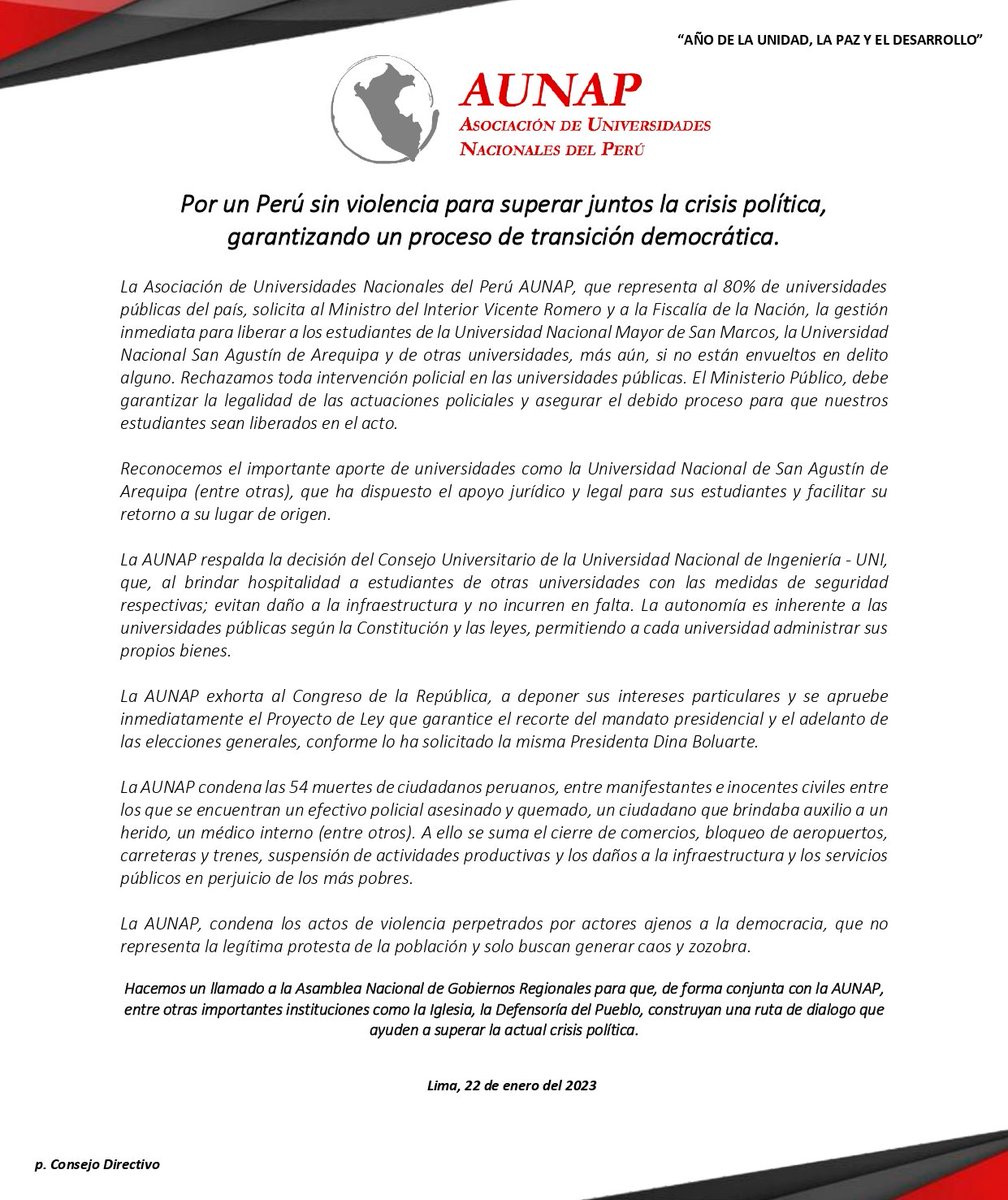 Solicitamos al <a href="/MininterPeru/">Ministerio del Interior 🇵🇪</a> y a la Fiscalia de la Nación la inmediata liberación de los estudiantes de la Universidad Nacional Mayor de San Marcos, Universidad Nacional San Agustín de Arequipa y de otras universidades detenidos injustamente.